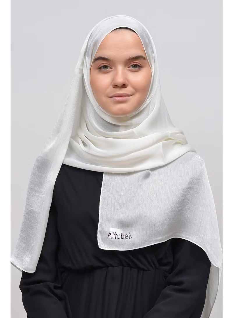 Altobeh Janjan Shiny Satin Textured Hijab Evening Dress Chiffon Shawl-Ecru - Image 4